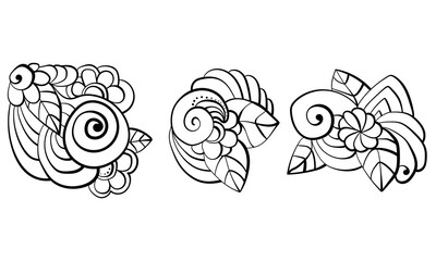 Set of abstract outline motifs with flowers, leaves and swirls, coloring page or design element