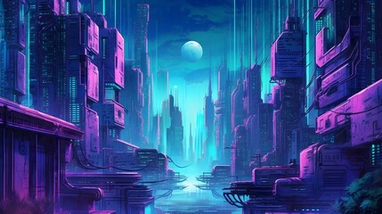 Futuristic city illustration with a night sky. landscape apocalyptic city wallpaper for phones, laptops, monitors, etc. Cyan, purple and orange color city painting 