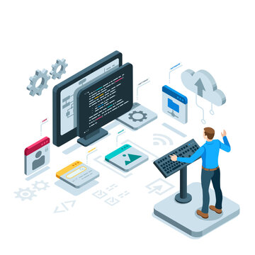 isometric computer with a programming window and program elements in color on a white background, a man with a keyboard, programming or software development