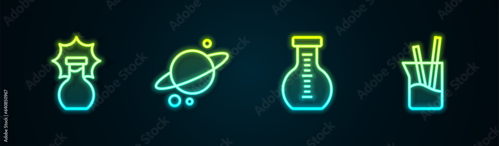 Sticker Set line Explosion in the flask, Planet Saturn, Test tube and Laboratory glassware. Glowing neon icon. Vector