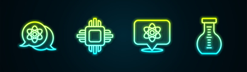 Set line Atom, Processor CPU, and Test tube. Glowing neon icon. Vector