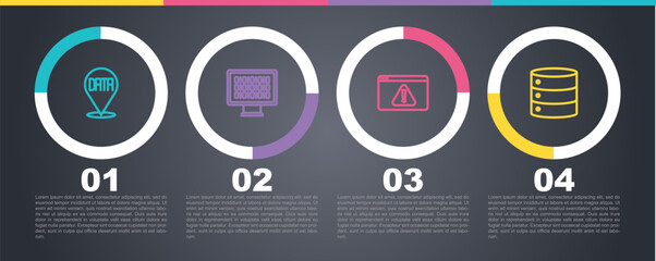 Set line Data analysis, Binary code, Browser with exclamation mark and Server. Business infographic template. Vector