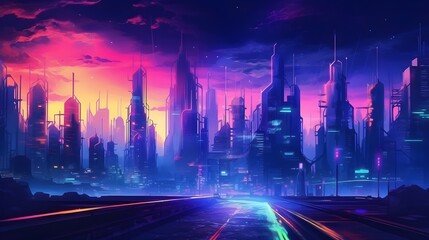 Futuristic city illustration with a night sky. landscape apocalyptic city wallpaper for phones, laptops, monitors, etc. Cyan, purple and orange color city painting
