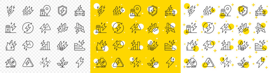Electric power, Charge station and Electricity price inflation set. Energy line icons. Eco energy, efficiency consumption and saving electricity line icons. Lightning bolt, electric power. Vector - obrazy, fototapety, plakaty