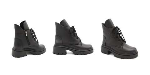 Fashionable leather boots isolated on white background. View from all sides.	