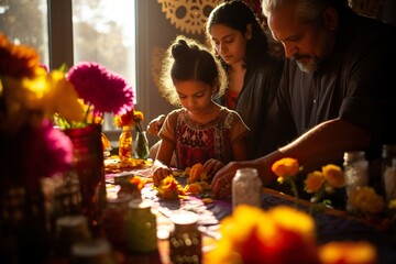 A family places colorful marigold flowers and sugar skulls on an intricately designed ofrenda Altar