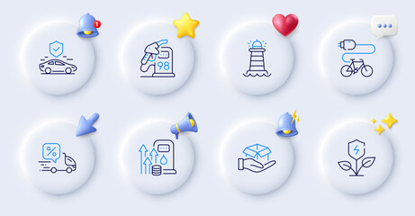 Petrol station, Lighthouse and Transport insurance line icons. Buttons with 3d bell, chat speech, cursor. Pack of Electric bike, Delivery discount, Eco power icon. Vector