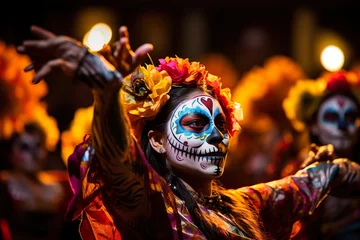 Foto op Plexiglas Carnaval Dancers performing a traditional "Dia de Muertos" dance, their colorful costumes