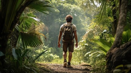 Naklejka na ściany i meble Male hiker, full body, view from behind, walking in the jungle