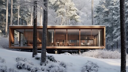 A modern house in a snowy forest