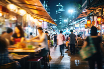 Fototapeta premium People shopping at night market fare Defocused blur background