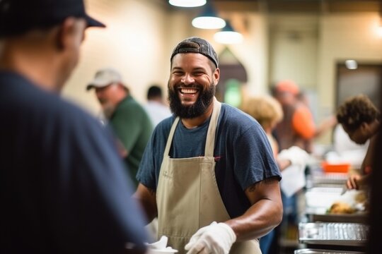 volunteer serving the homeless in a social canteen