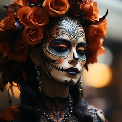 
Girl with sugar skull make-up with flowers and patterns. Concept: traditional image of El Día de Muertos, Mexican image of honoring the dead.