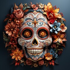 Skulls with flowers and patterns. Concept: traditional image of El Día de Muertos, Mexican image of honoring the dead.