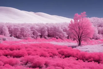 Foto op Plexiglas Roze Infrared landscape with mountains and trees