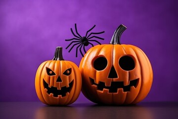 Spiders and pumpkins on neon purple background. Halloween holiday concept