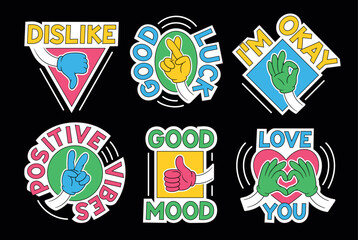 Retro badges with gestures and signs set. Vintage stickers with peace and kindness sign, dislike and good mood, love and good luck wishes. Cartoon flat vector illustration isolated on black background