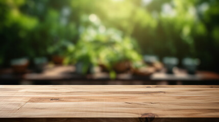 Empty wooden table for product placement with blurred garden background 