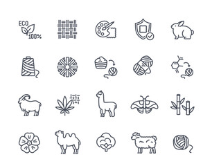 Eco fabric material icons set. Outline stickers with natural textiles and clothes, bamboo and linen, silk and leather, cashmere and mohair. Linear flat vector collection isolated on white background