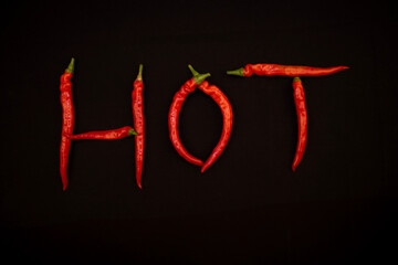 Cayenne red peppers format the word hot on a black background