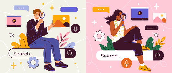 People searching online set. Characters with magnifying glass exploring internet and apps. Young man and woman with buttons websites and search string. Cartoon flat vector isolated on background