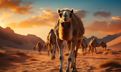 Camel in the desert on a sunny day. - obrazy, fototapety, plakaty