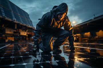 a man with a helmet cleaning a solar panel made with AI