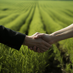 A photography of a handshake with a background of crops made with AI