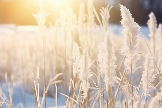 Reed grass in the wind and snow winter nature background © Celina