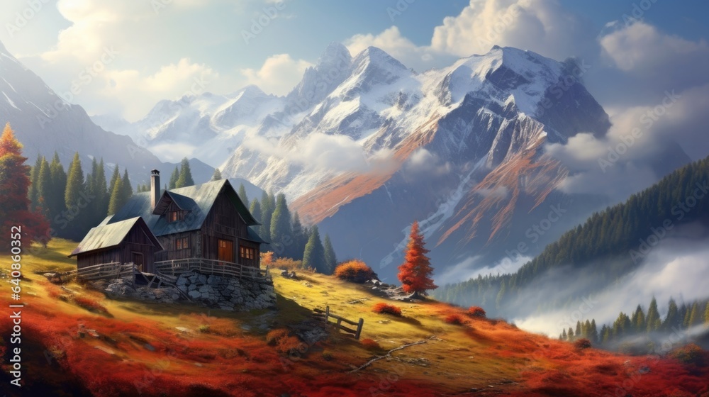 Canvas Prints a painting of a cabin in the mountains