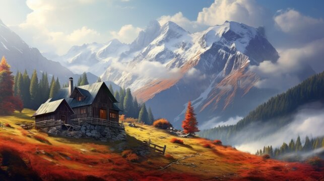 A painting of a cabin in the mountains