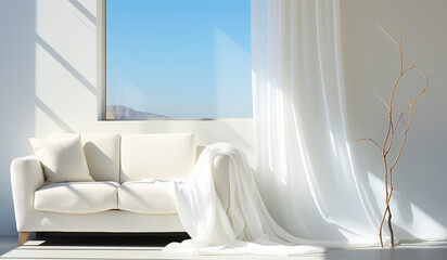 Floating white curtain in minimalist decor. AI gerado