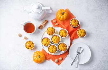 Pumpkin muffins with cup of tea