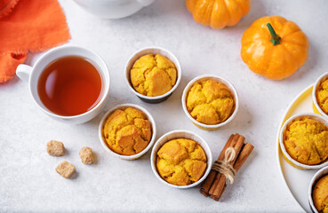 Pumpkin muffins with cup of tea