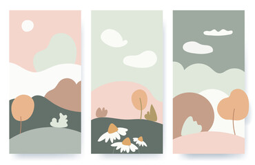 A set of illustrations with autumn landscapes in a minimalist style. Conceptual design of simple shapes, pink, brown, beige colors of natural shades.