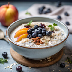 Delicious Porridge with Milk and Fruit in a White Bowl, Breakfast Cereal Oatmeal, Close-Up