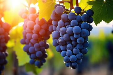 Ripe juicy blue grapes bunch in a vineyard