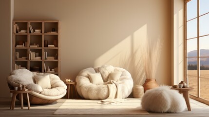 Fototapeta na wymiar Boho interior design of living room with sofa and rattan armchair.