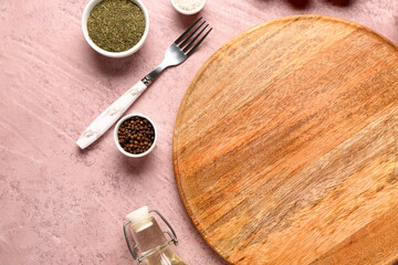 Composition with wooden cutting board and fresh spices on color background, closeup