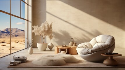 Boho interior design of living room with sofa and rattan armchair.