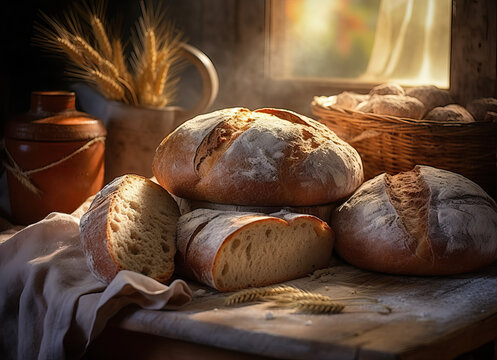 Freshly baked bread with ears of wheat on a wooden table.