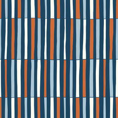 Hand-Drawn Blue, Brown and White Geometric Stripes Vector Seamless Pattern. Modern Retro Palyful Print. Organic Square Shapes - 640864506