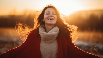 Backlit Portrait of calm happy smiling free woman with closed eyes enjoys a beautiful moment life on the fields at sunset - obrazy, fototapety, plakaty