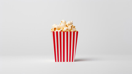 White and red bucket full of tasty and tempting popcorn on a white background with empty space for inserting text and graphic elements