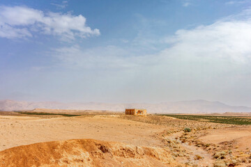 View at typical morrocean houses at the desert landscape of the countryside