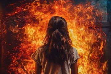 Young woman is watching on big fire. Back view. House is burning. Girl lost home.