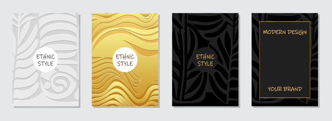 Cover set, vertical templates. Collection of embossed geometric backgrounds with ethnic 3D pattern, golden texture. Minimalistic abstract designs of East, Asia, India, Africa, Mexico, Aztec, Peru.