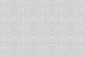 Embossed white background, cover design. Geometric ethnic 3D pattern, press paper, leather. Boho, handmade, antistress. Minimalist original designs of East, Asia, India, Mexico, Aztec, Peru.