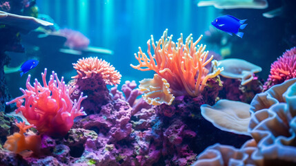 Naklejka na ściany i meble Coral reef background. Undersea tropical world. Bright neon colored coral reef, anemone and sea plant