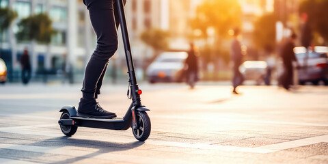 Person riding a scooter in city, closeup, cropped image. Legs on electric scooter, blurred background.